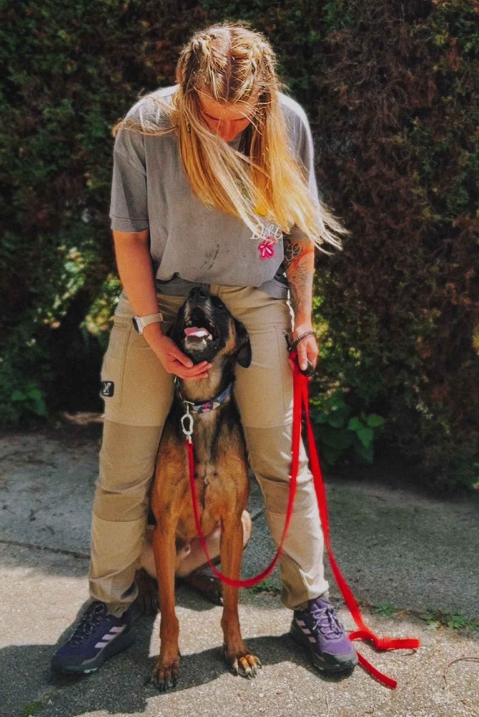 Trenerka pochylona nad psem rasy owczarek belgijski malinois, głaszcząca go czule na spacerze